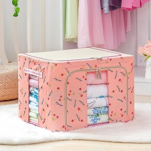 Cutie de Depozitare Pliabila, Flippy, 24 L, Panza Oxford, 40x30x20 cm, Fereastra Frontala, 2 Usi de Acces cu Fermoar Bidirectional, Cadru Metalic, Suport Baza Stabil din Plastic, Imprimeu Cirese, Roz - Img 2