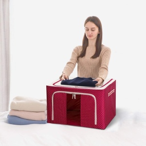 Cutie de Depozitare Pliabila, Flippy, 24 L, Panza Oxford, 40x30x20 cm, Fereastra Frontala, 2 Usi de Acces cu Fermoar Bidirectional, Cadru Metalic, Suport Baza Stabil din Plastic, Imprimeu Buline, Rosu - Img 4