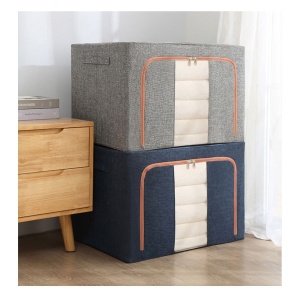 Cutie de Depozitare Pliabila, Flippy, 66 L, din Bumbac si In, 50x40x33 cm, Fereastra Frontala, 2 Usi de Acces cu Fermoar Bidirectional, Cadru Metalic, Suport Baza Stabil din Plastic, Gri - Img 15