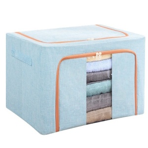 Cutie de Depozitare Pliabila, Flippy, 66 L, din Bumbac si In, 50x40x33 cm, Fereastra Frontala, 2 Usi de Acces cu Fermoar Bidirectional, Cadru Metalic, Suport Baza Stabil din Plastic, Bleu - Img 3