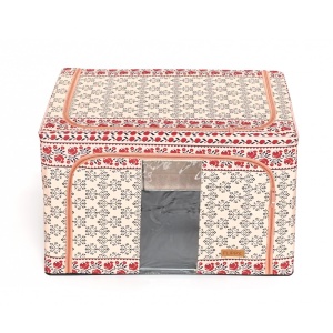 Cutie de Depozitare Pliabila, Flippy, 66 L din Bumbac si In, 52 x 42 x 39 cm, Fereastra Frontala, 2 Usi de Acces cu Fermoar Bidirectional, Cadru Metalic, Suport Baza Stabil din Plastic, Motiv Traditional Model 6 - Img 5