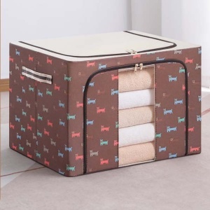 Cutie de Depozitare Pliabila, Flippy, 66 L, din Tesatura Oxford, 50x40x33 cm, Fereastra Frontala, 2 Usi de Acces cu Fermoar Bidirectional, Cadru Metalic, Suport Baza Stabil din Plastic, Imprimeu Catelusi, Maro - Img 1