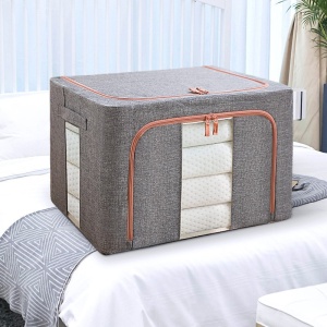 Cutie de depozitare pliabila, Flippy, Cu fermoar, 100 L, Textil, 60x42x40 cm, Cadru Metalic, Suport Baza Stabil din Plastic, Gri, Cu doua ferestre - Img 2