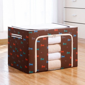 Cutie de Depozitare Pliabila, Flippy, cu Fermoar, 100 L, Textil, 60x42x40 cm, O Fereastra, Cadru Metalic, Suport Baza Stabil din Plastic, Imprimeu Catelusi, Maro - Img 2