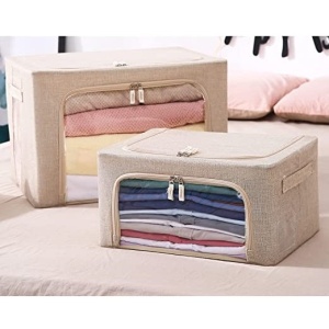 Cutie de depozitare pliabila, Flippy, Cu fermoar, 66 L, Textil, 50x40x33 cm, Cadru Metalic, Suport Baza Stabil din Plastic, Crem - Img 2