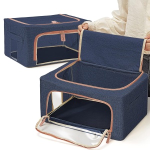 Cutie de depozitare pliabila, Flippy, Cu fermoar, 66 L, Textil, 50x40x33 cm, Albastru Marin, Cadru Metalic, Suport Baza Stabil din Plastic, Cu doua ferestre - Img 4