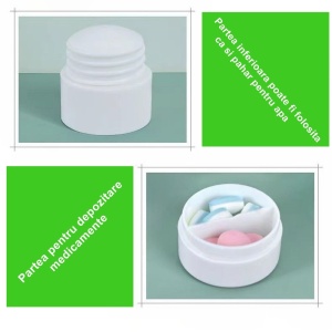 Cutie Pastile Multifunctionala, Flippy, 4 in 1, Pahar Apa, Taiere, Sfaramare, Depozitare, Compact, ABS cu Lama din Inox, Alb, 8.7x6.2x4.1 cm - Img 3