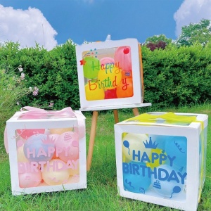 Cutie pentru Baloane, Flippy, Tematica Aniversare, Model Scris Happy Birthday, Baloane Albastre, Roz, Galbene si Panglica Incluse, Contur Alb, Transparenta, 30x30 cm - Img 5