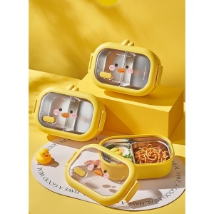 Cutie pentru Pranz sau Gustari, Flippy, cu Doua Compartimente, Model Ratusca, pentru Copii si Adulti, Etansare, PP, Perfect pentru Scoala si Birou, 1000 mL, 22.5x14.5x8 cm, Galben - Img 7