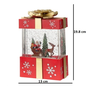 Decoratiune Craciun, Tip Cutie de Cadou, Figurine Mos Craciun cu Sania, 3 Moduri, Functie Muzicala, Zapada in Miscare, Functioneaza Cu Baterii ( 3 x AA neincluse), Cablu USB (Inclus), Model Cadou Rosu - Auriu, 13 x 9 x 19.8 cm, Alb Cald - Img 2