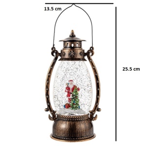 Decoratiune Craciun, Tip Felinar, Figurine Mos Craciun cu Bradul, 3 Moduri, Functie Muzicala, Zapada in Miscare, Functioneaza Cu Baterii ( 3 x AA neincluse), Cablu USB (Inclus), Model Vintage Negru - Auriu, 13.5 x 11 x 25.5 cm, Alb Cald - Img 2