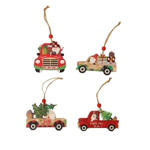 Decoratiune de Craciun din Lemn, Flippy, cu Snur pentru Agatare in Brad, Model Masina lui Mos Craciun, Scris Happy New Year, 8x8x0.4 cm, Multicolor - Img 2