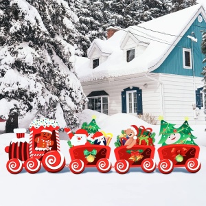 Decoratiune de Craciun, Flippy, pentru Gradina, Tip Trenulet, 4 Figurine + Bete de Infipt in Pamant, din Plastic, Impermeabil, Model Tren cu Omul Briosa in Locomotiva, Multicolor - Img 4