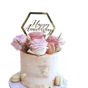 Decoratiune Topper pentru Tort, Flippy, Model Hexagon Scris Happy Birthday, Tematica Aniversare, Auriu - Img 1