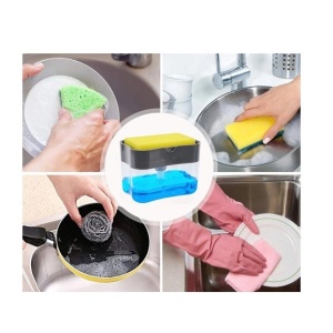 Dozator Flippy, Dispenser 2 in 1 pentru Detergent Lichid de Vase sau pentru Obiecte Sanitare cu Suport pentru Burete de Bucatarie ,14 x 10.5 x 10 cm, capacitate 380 ml, gri - Img 3