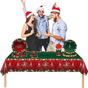 Fata de Masa Festiva, Flippy, Dreptunghiulara, Imprimeu Merry Christmas, Tema Craciun, Rezistenta la Apa, din PVC, 137 x 274 cm, Rosu/Verde - Img 3