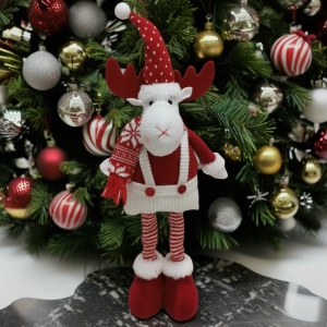 Figurina Decorativa, Pentru Craciun, Flippy, Ren, Picioare Telescopice, Inaltime Reglabila 44-54cm, Caciula cu Inimioare, Alb/Rosu