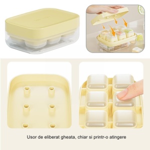 Forma pentru gheata cu presa Flippy, din silicon alimentar, 6 cuburi, caserola pentru depozitare, usor de folosit si curatat, 10.5 x 7.5 x 4.1 cm, galben - Img 4