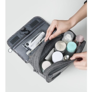 Geanta cosmetice voiaj, Flippy, material panza, impermeabil, 3 compartimente, cu agatatoare, Gri, 47 x 28 x 20 cm - Img 2