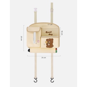 Geanta Multifunctionala de Depozitare, Flippy, pentru Bancheta din Spate a Masinii, Animat, Model Ursuleti, Scris Good Day, Suport Servetele si Telefon, 25x31 cm, Bej - Img 6