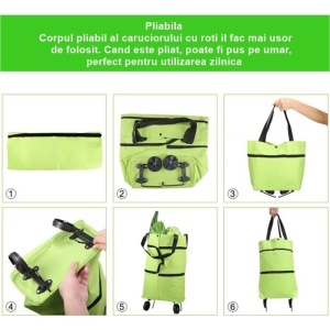 Geanta Pliabila, Flippy, 2 in 1, Carucior cu Roti, pentru Cumparaturi, 19 l, Verde, Plastic, 39 x 46 x 12 cm - Img 3