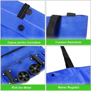 Geanta Pliabila, Flippy, 2 in 1, Carucior cu Roti, pentru Cumparaturi, 19 l, Albastru, Plastic, 39 x 46 x 12 cm - Img 4