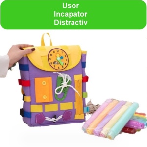 Ghiozdan Montessori, Flippy, pentru Copii 2-6 ani, Fidget Pop, cu Catarame si Fermoare, Jucarii Senzoriale, Activitate de Invatare prin Joc, Mov, 0.25 kg, 28x10x23 cm - Img 2