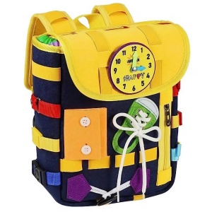 Ghiozdan Montessori, Flippy, pentru Copii 2-6 ani, Fidget Pop, cu Catarame si Fermoare, Jucarii Senzoriale, Activitate de Invatare prin Joc, Albastru Marin, 0.25 kg, 28x10x23 cm - Img 1