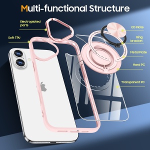 Husa de Protectie TPU, Flippy, pentru iPhone 16 Plus, Anticadere, cu Incarcare Wireless, Tehnologie Magsafe, Inel Magnetic Rotativ cu Functie de Suport, Transparent-Roz - Img 5