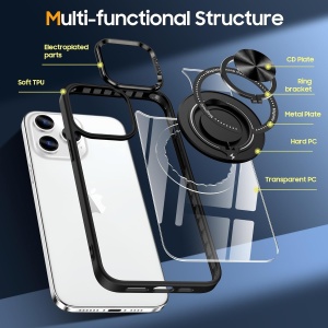Husa de Protectie TPU, Flippy, pentru iPhone 16 Pro Max, Anticadere, cu Incarcare Wireless, Tehnologie Magsafe, Inel Magnetic Rotativ cu Functie de Suport, Transparent-Negru - Img 6