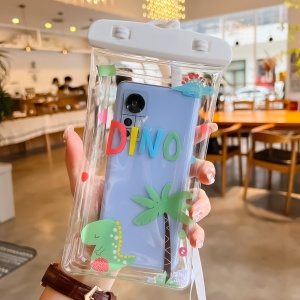Husa subacvatica Glitter Kids Waterproof Flippy, Snowproof, Universala, cu Snur, pentru telefon sau documente, Dino, Alb - Img 3