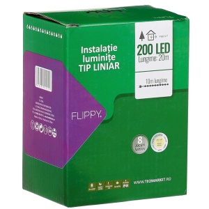 Instalatie Craciun liniara, cu transformator, 20 m, Alb Cald, 200 LED-uri V5, 8 jocuri de lumini, fir verde, Flippy - Img 2