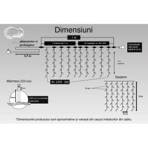 Instalatie Craciun Profesionala de Exterior IP65, Tip Perdea, 1m x 2m, 200 Led-uri Mari, Alb cald, cu flash, Alimentator si prelungitor 6,5 m, Interconectabila, Fir negru, Flippy - Img 11