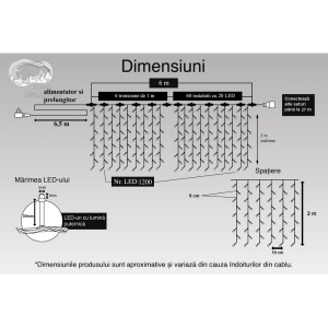Instalatie Craciun Profesionala de Exterior IP65, Tip Perdea, 6m x 2m, 1200 Led-uri Mari, Alb rece, cu flash, Alimentator si prelungitor 6,5 m, Interconectabila, Fir negru, Flippy - Img 11