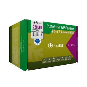 Instalatie Craciun, Tip Perdea, IP44, 6 m x 2 m, 720 LED-uri, Albastru, cu flash, Transformator cu telecomanda, Interconectabila, Prelungitor 3 m inclus, Fir transparent, Interior/ Exterior, Flippy - Img 1