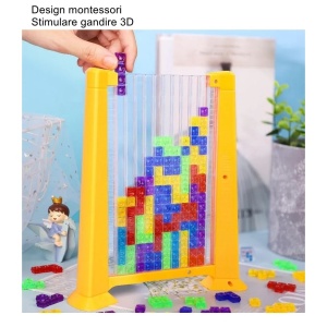 Joc de inteligenta Tetris puzzle tangram Flippy, 70 de piese multicolore, 3D, montessori, interactiv, din plastic, zar inclus, sac depozitare piese, varsta peste 6 ani, 23 x 19.8 x 5 cm, cadru galben - Img 2