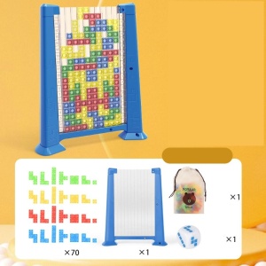 Joc de inteligenta Tetris puzzle tangram Flippy, 70 de piese multicolore, 3D, montessori, interactiv, din plastic, zar inclus, sac depozitare piese, varsta peste 6 ani, 23 x 19.8 x 5 cm, cadru albastru - Img 4