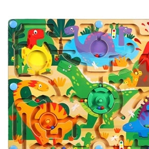 Joc Montessori de Sortare Culori, Flippy, Creion Magnetic, Tip Labirint Ilustrat, din Lemn, Model Dinozauri, 39x29x1.5 cm - Img 4