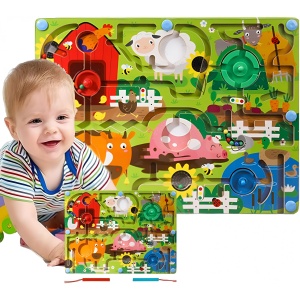 Joc Montessori de Sortare Culori, Flippy, Creion Magnetic, Tip Labirint Ilustrat, din Lemn, Model Ferma, 39x29x1.5 cm - Img 9