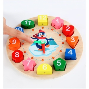 Jucarie Educativa Flippy, Tip Montessori, Model Ceas Pinguin, din Lemn, + 36 Luni, 12 Piese, 17.2 cm, Multicolor - Img 5