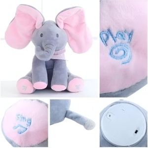 Jucarie Interactiva pentru Copii, Flippy, Elefantel Peek-a-boo, Muzica, Misca Urechile, Alimentare cu Baterii, 30 cm, Roz-Gri - Img 3