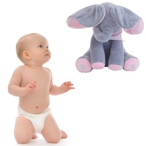 Jucarie Interactiva pentru Copii, Flippy, Elefantel Peek-a-boo, Muzica, Misca Urechile, Alimentare cu Baterii, 30 cm, Roz-Gri - Img 13