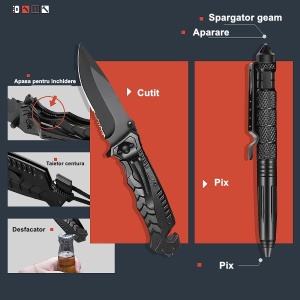 Kit supravietuire multifunctional 16 in 1 Flippy, Instrumente profesionale, Agatatoare ghiozdan, pentru Camping, Drumetii, Aventuri in aer liber, borseta inclusa, negru - Img 9