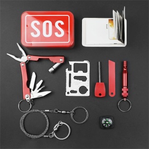 Kit supravietuire multifunctional Flippy, Instrumente profesionale, tip cutie, pentru Camping, Drumetii, Aventuri in aer liber, borseta inclusa, rosu - Img 2