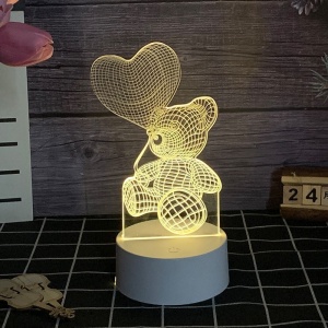 Lampa LED decorativa, Flippy, 3D, Ursulet cu balon inima, cu telecomanda, doua moduri de alimentare USB si baterii, 20 cm inaltime, din material acril si lumina multicolora, alb - Img 2