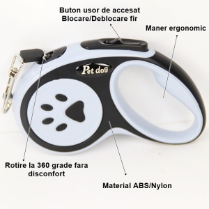 Lesa Automata Retractabila, Flippy, pentru Caini, 3m, 20 kg, ABS, Negru/Bleu, 8x12x4 cm - Img 3