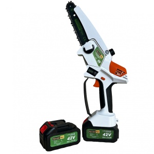 Mini fierastrau Mustang, 2 acumulatori, 42 V, 8Ah, 3 lanturi, 2 lame, rezervor ulei, afisaj led, sistem ungere lant, lama 15 cm