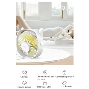 Mini ventilator pentru birou cu usb, Flippy, rotire 360 grade, 3 viteze, 13.5 x 12,8 cm, Alb - Img 3