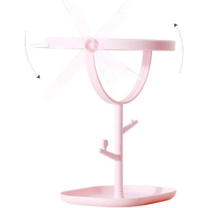 Oglina Cosmetica cu Picior, Flippy, HD, Rotire 360 Grade, 15 cm Diametru, Suport Bijuterii Baza + Brate, Model cu Urechi, 30 x 16.5 x 15 cm, Roz - Img 2