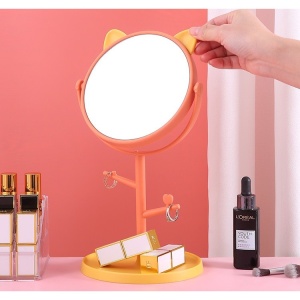 Oglina Cosmetica cu Picior, Flippy, HD, Rotire 360 Grade, 15 cm Diametru, Suport Bijuterii Baza Rotunda + 2 Brate, Model cu Urechi, 31 x 14.5 x 15 cm, din Plastic, Portocaliu/Galben - Img 4
